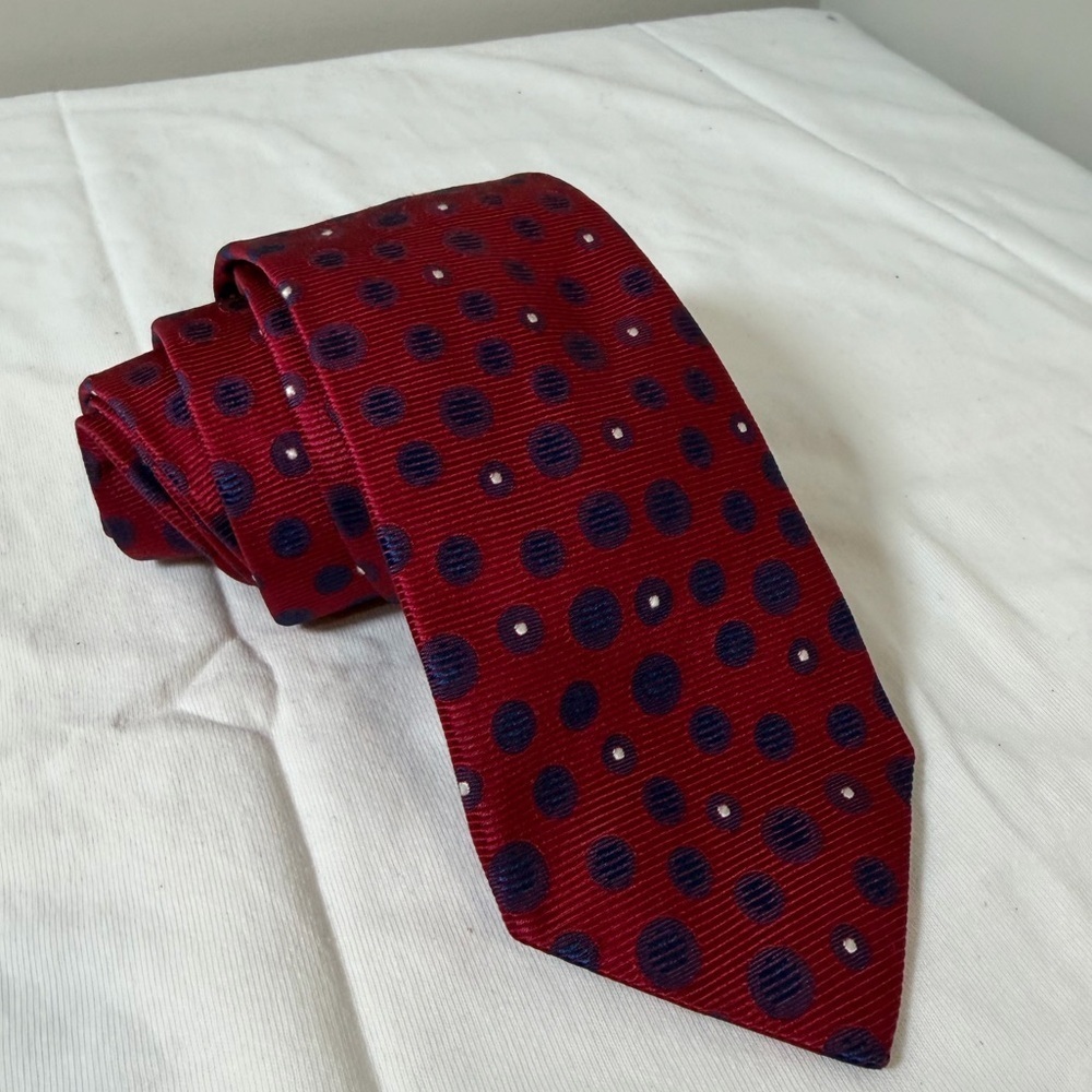 Thomas Pink Red and Navy Woven in England 100% Silk Polka Dot Tie